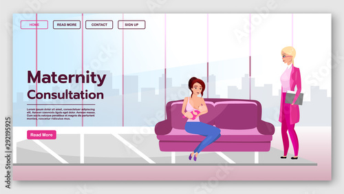 Maternity consultation landing page template. Breastfeeding website interface with flat illustrations. Motherhood and childcare homepage layout. Breast feeding, lactation web banner, webpage concept