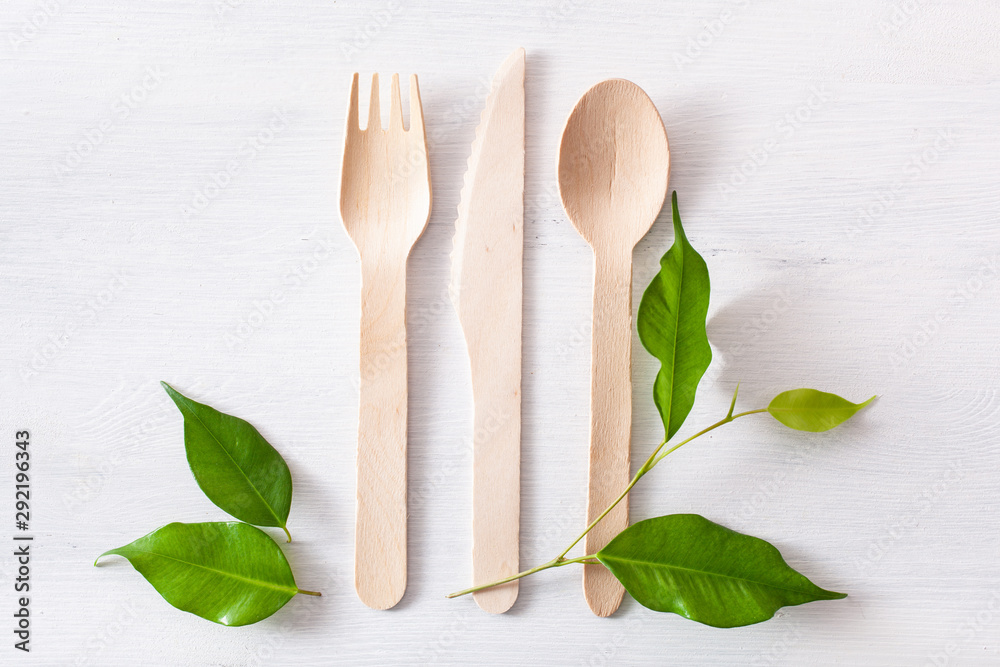 eco friendly wooden cutlery. plastic free concept - obrazy, fototapety, plakaty 