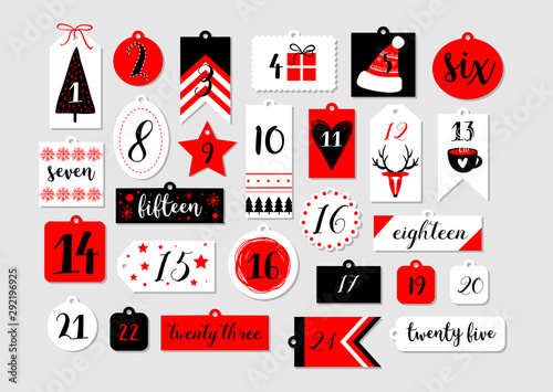Abstract printable tags collection for Christmas, New Year. Advent calendar. Vector illustration. Merry Holidays