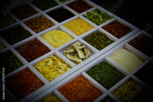 An assortment of diverse natural spices and seasonings for cooking and flavoring