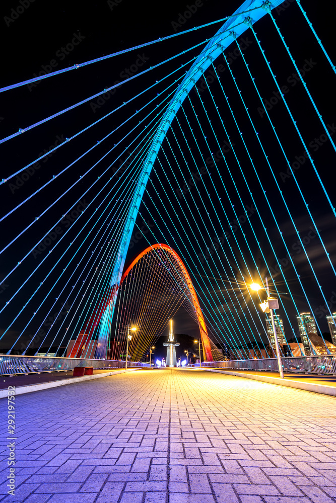 Fototapeta premium Expo bridge looking towards the science park tower with bridge foreground