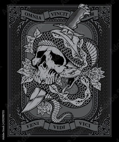 Skull with knife and snake on ornate background graphic