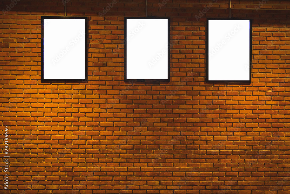 Three mock up the white screen billboard lightbox - brick background Three mock up the white screen billboard lightbox - brick background