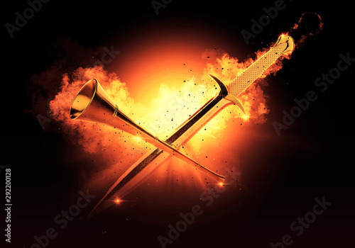 Foto Medieval Sword and Trumpet Fire Action Background