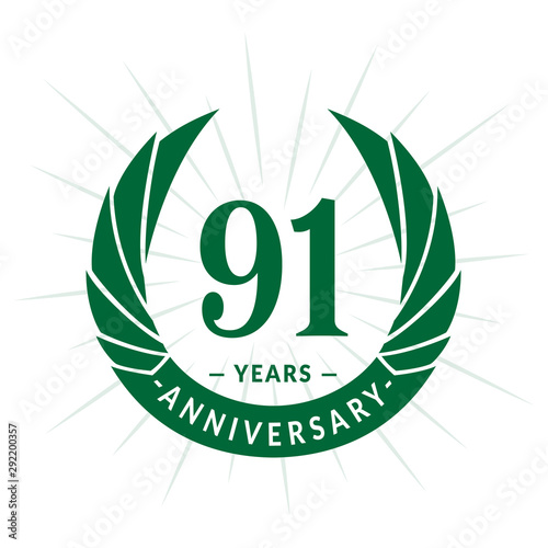 91st years anniversary celebration design. Ninety-one years logotype. Green vector and illustration.