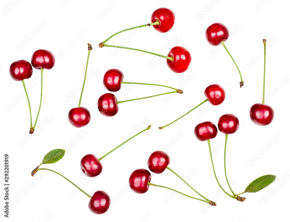 Cherry fruits isolated on white background. Top view. Cherry fruits isolated on white background. Top view.