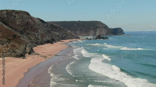 Aerial drone view of Praia da Cordoama, Aljezur Algarve coastline surf beach, Portugal