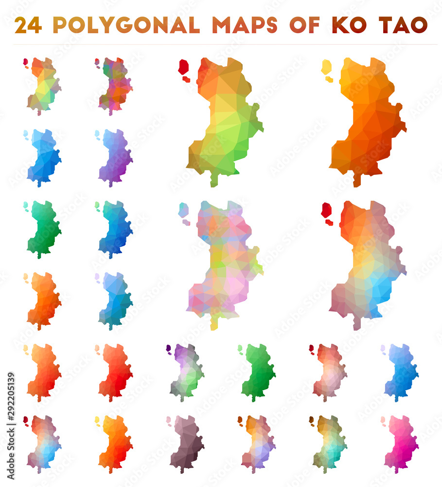 Set of vector polygonal maps of Ko Tao. Bright gradient map of island in low poly style. Multicolored Ko Tao map in geometric style for your infographics.