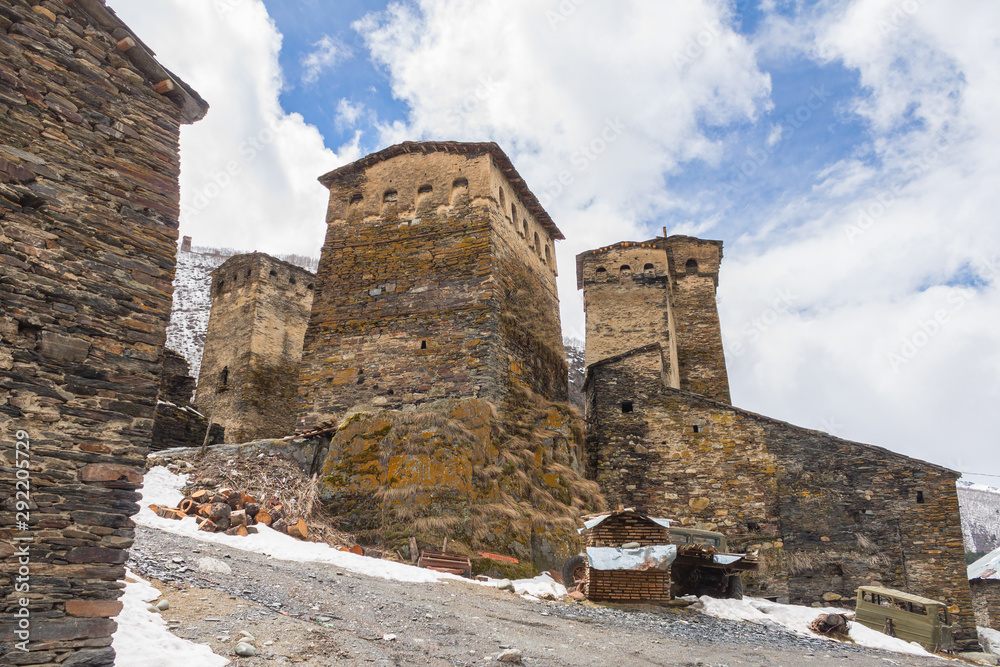 Traditional ancient Svan Towers in Ushguli village, Svaneti, Caucasus, Georgia