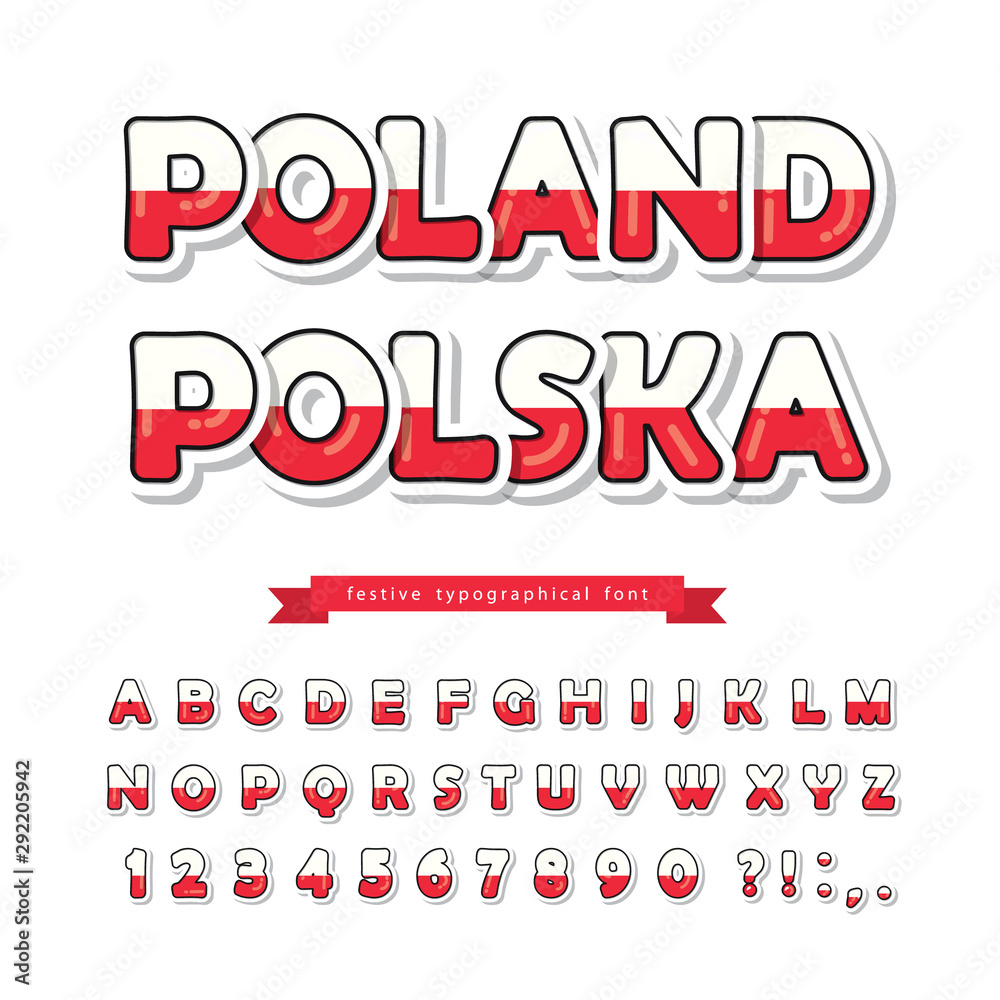 Poland cartoon font. Polish national flag colors. Paper cutout glossy ABC  letters and numbers. Bright alphabet for tourism design. Vector Stock  Vector | Adobe Stock