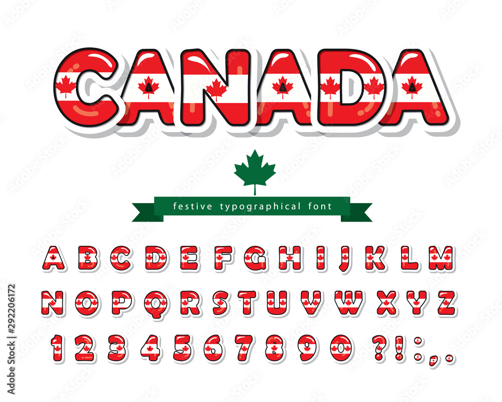 Canada cartoon font. Canadian national flag colors. Maple leaf. Paper  cutout glossy ABC letters and numbers. Bright alphabet for tourism design.  Vector Stock Vector | Adobe Stock