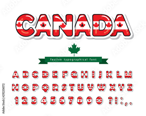 Canada cartoon font. Canadian national flag colors. Maple leaf. Paper cutout glossy ABC letters and numbers. Bright alphabet for tourism design. Vector