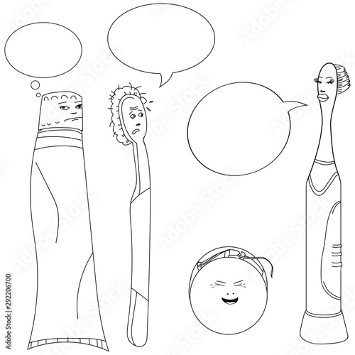Hand-drawn black and white vector illustration about dentals equipments in comics style. The scene of meeting, conversation: modern electric vs traditional toothbrush, toothpaste, dental floss.  Isola