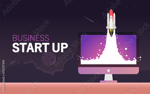 Vector illustration of space interstellar travels, universe and distant galaxies. spacecraft, rocket or shuttle for space travel or mission. Clerks working together on startup comp