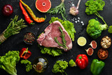fresh meat with ingredients for cooking. Healthy food. Top view. Free copy space.