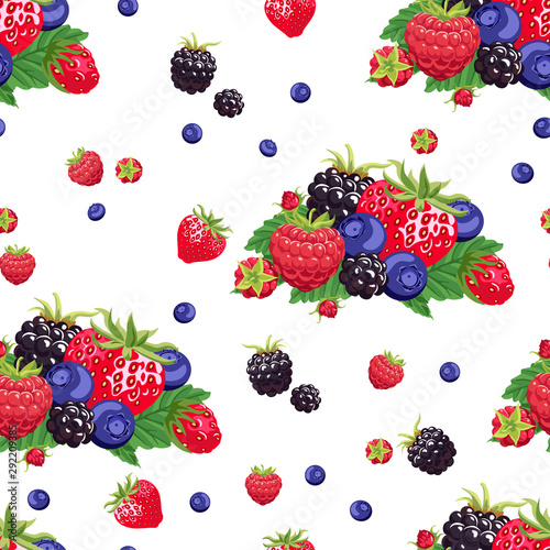 Forest berries seamless pattern on  white background.  Food vector illustration of raspberries, strawberries, blueberries, blackberries in cartoon simple flat style.