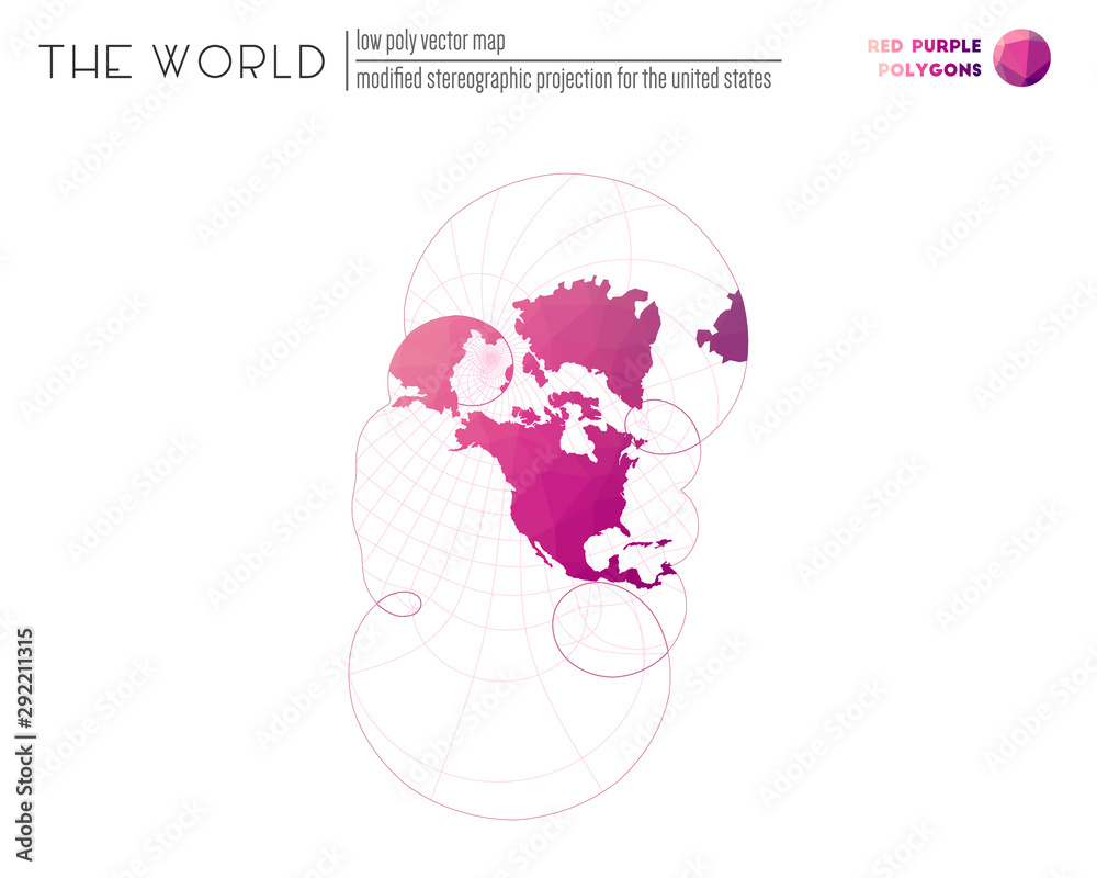 Polygonal map of the world. Modified stereographic projection for the United States of the world. Red Purple colored polygons. Elegant vector illustration.