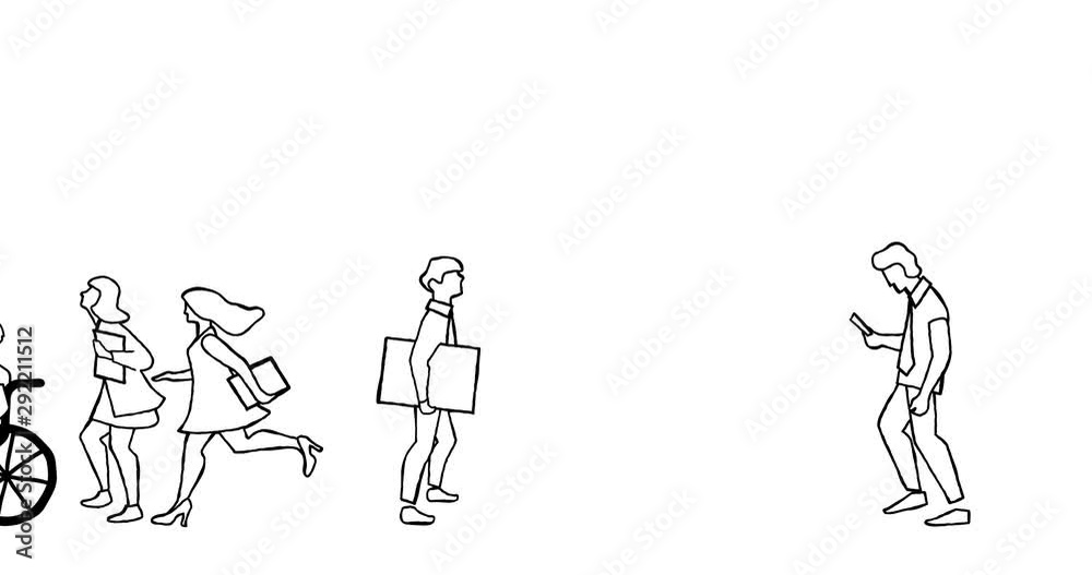 Disabled people, Businessmen and businesswomen on office going. micro animation, cartoon, illustration, drawing, hand drown, sketch, freehand, outline, lines black and white looping, endless