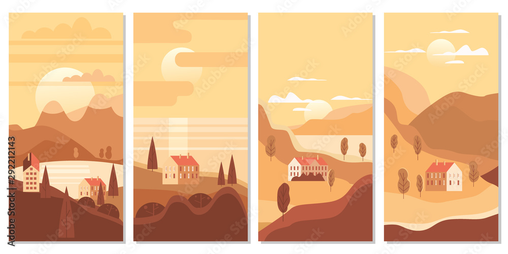 Autumn landscape rural suburban traditional buildings, hills and trees mountains sea sun