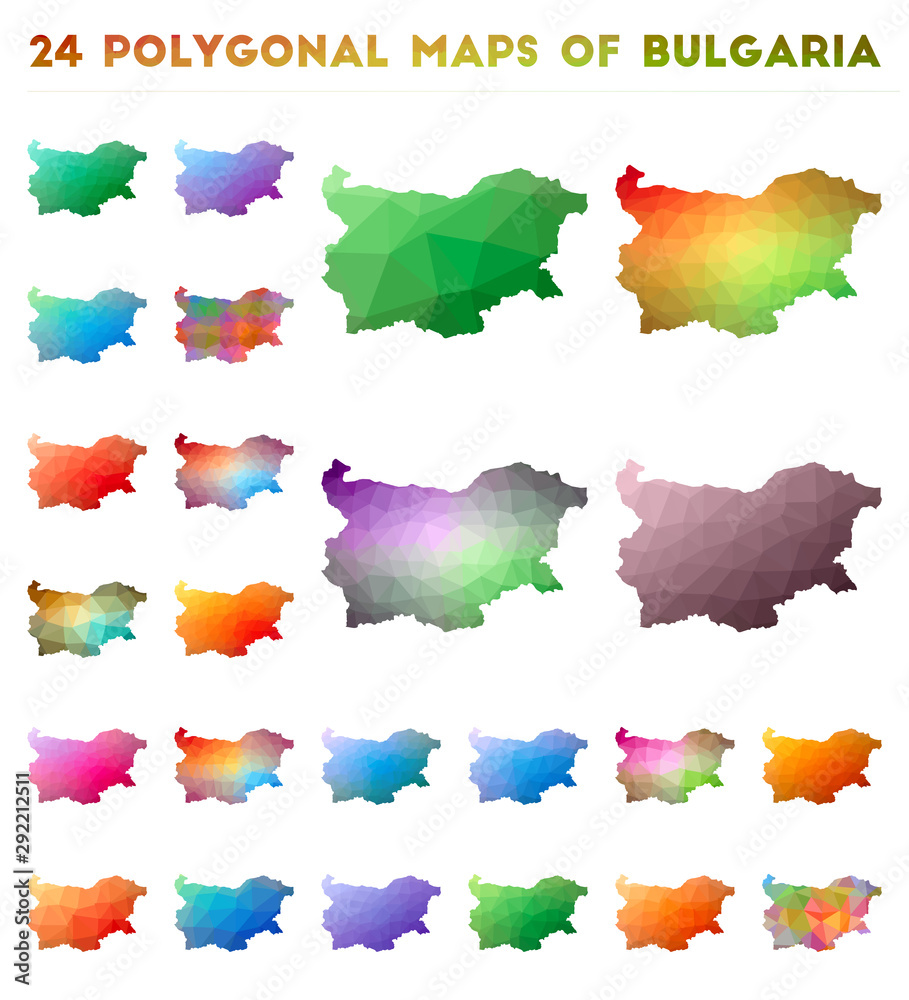 Set of vector polygonal maps of Bulgaria. Bright gradient map of country in low poly style. Multicolored Bulgaria map in geometric style for your infographics.