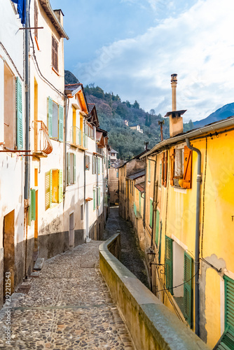  Sospel, beautiful french village, typical street with colorful houses 