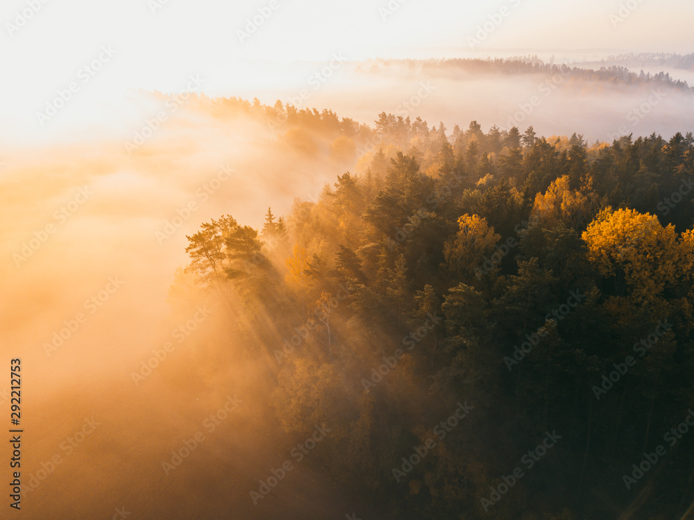 Autumn fog and the beautiful morning sun in a landscape