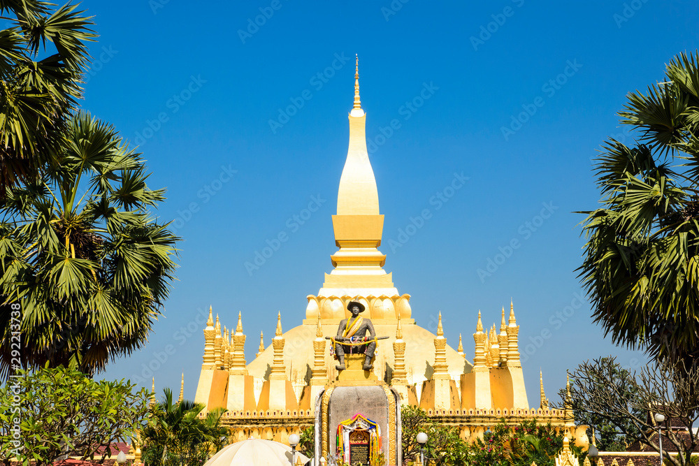 Fototapeta premium Pha That Luang Temple, The Golden Pagoda in VIENTIANE ,LAOS PDR. The most famous landmark of LAOS. Layout for magazine, ads.