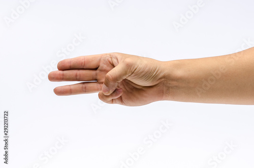 Close up of hand with show three fingers up in the peace , Isolated on white background, place for text or sign. Positive concept.