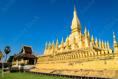 Pha That Luang Temple  The Golden Pagoda in VIENTIANE  LAOS PDR. The most famous landmark of LAOS. Layout for magazine  ads.
