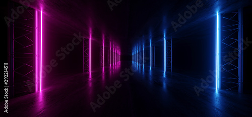 Neon Glowing Purple Blue Vibrant Sci Fi Futuristic Stage Podium Construction Metal Triangle Concrete Grunge Reflective Dark Night Virtual Show Background Laser Tunnel Corridor 3D Rendering