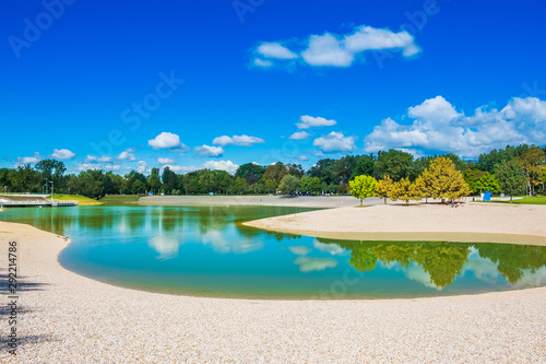 Beautiful blue lake in Bundek park in autumn in Zagreb, Croatia