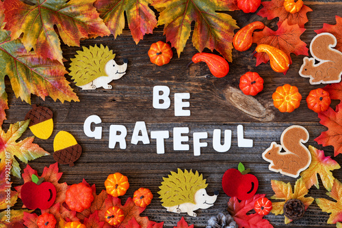 Colorful Autumn Decoration With White Letters Building Word Be Grateful. Flat Lay With Wooden Background