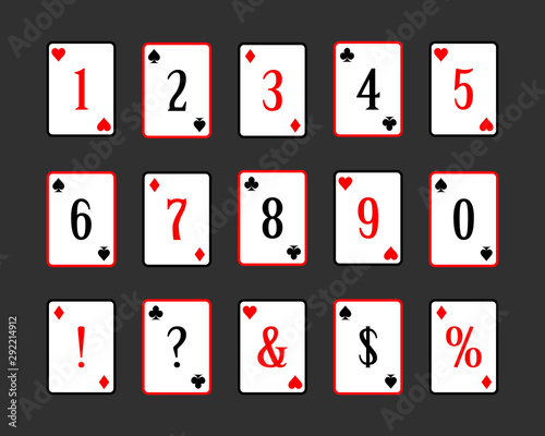 Poker digits and punctuation marks. Vector illustration. playing cards with numbers and signs. dollar and percent sign