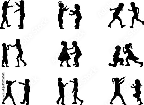 Vector silhouette of children on white background.