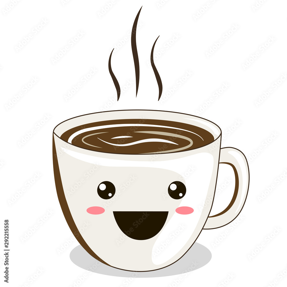 Vecteur Stock Coffee emoji cup with eyes. Kawaii cup. Element for menu.  Emoji icon. Vector illustaration of hot tea and coffee. | Adobe Stock