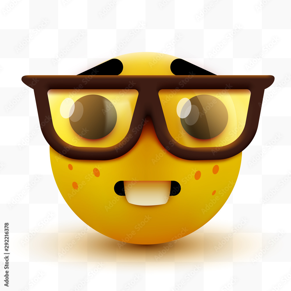 Nerd face emoji, clever emoticon with glasses. Geek or student.