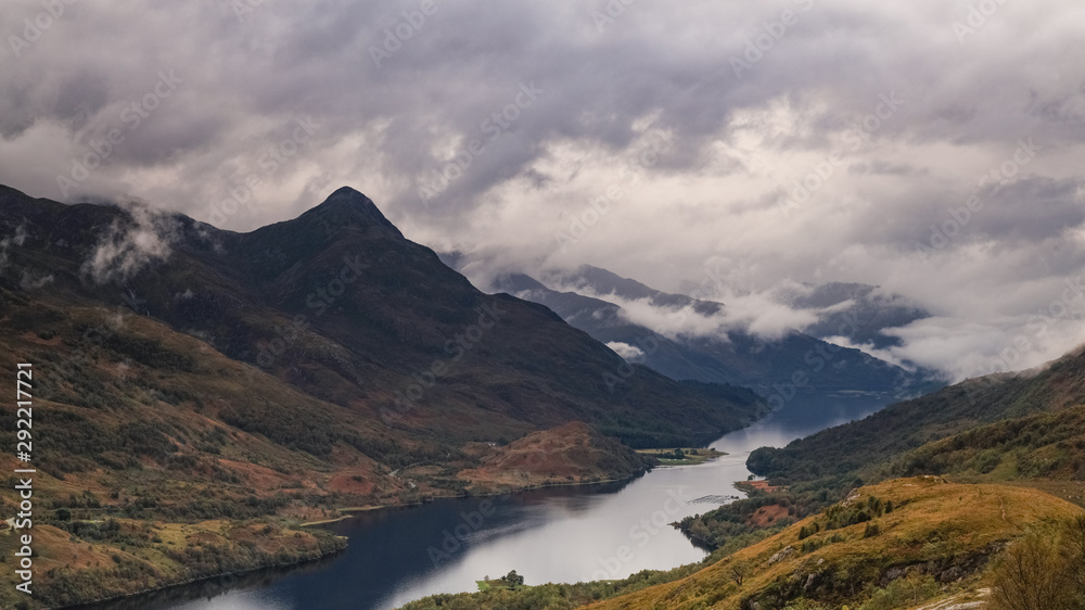 a high viewpoint over loch leven in the argyll region of scotland near kinlochleven and fort william on the west highland way showing loch waters and cloudy skies in autumn