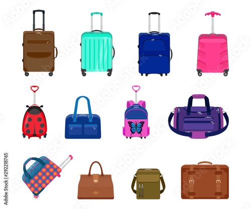 Set of suitcases, backpacks and bags. Vector collection of luggage isolated. Travel suitcases with wheels and without. Vintage suitcase, valise, bags, modern suitcases with a handle for trip.