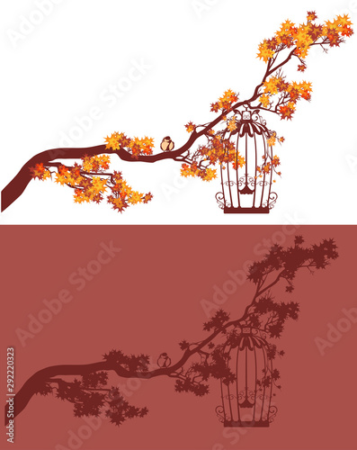 long maple branch with autumn foliage, sitting bird and open cage - fall season nature vector decor
