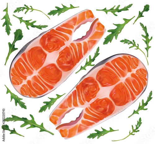 Salmon fish raw steaks with green rucola. Red fish, delicacy. Fillet, steak of fresh salmon. Seafood for your menu.Arugula leaves collection. 3D vector illustration isolated on white background.