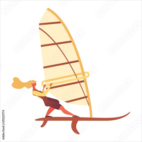 Isolated on white background flat woman with flying hair riding windsurfing board. Flat modern concept illustration good for extreme sport and entertainment