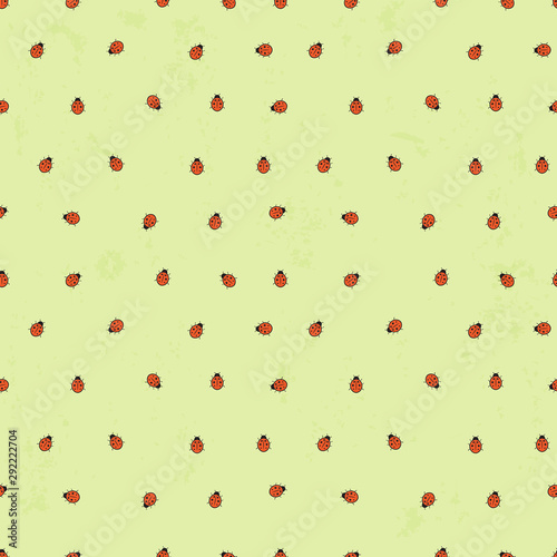 Seamless background with ladybugs. Simple minimalistic illustration on pastel light green background