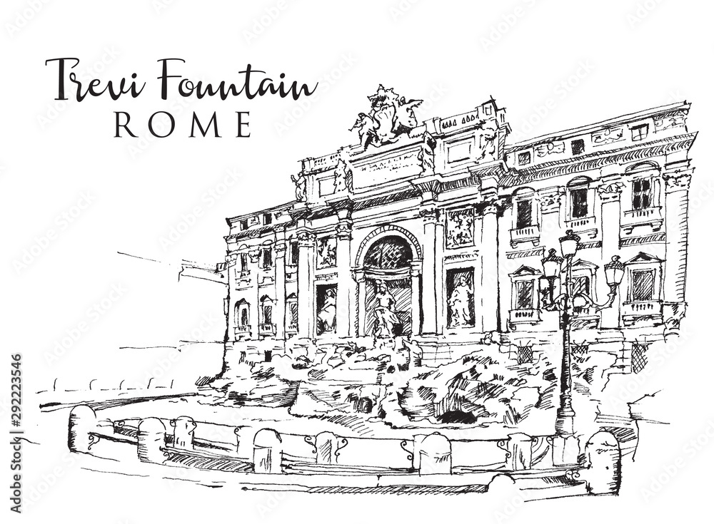 Drawing sketch illustration of the Trevi Fountain in Rome