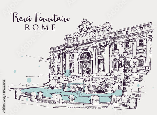 Drawing sketch illustration of the Trevi Fountain in Rome