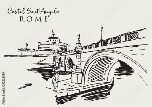 Drawing sketch illustration of Castel Sant'Angelo in Rome