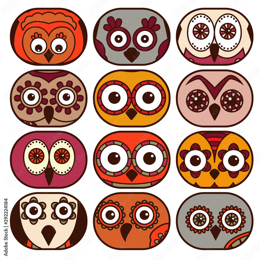 Twelve cute owl faces in oval shapes