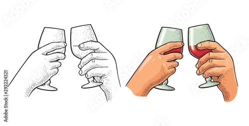 Two hands holding and clinking a glass of wine. Vintage engraving