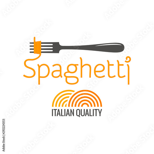 Pasta on fork. Italian spaghetti logo on white