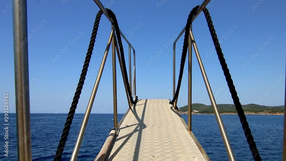 Bow of ship boat view moving forward through ocean water on a beautiful sunny day Sardinia Sardegna Italy Bow of ship boat view moving forward through ocean water on a beautiful sunny day Sardinia Sardegna Italy