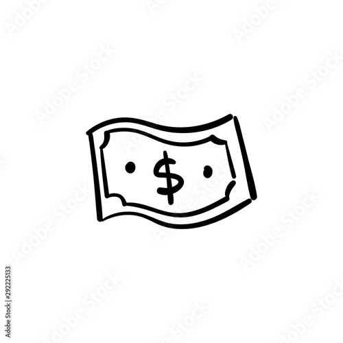 Dollar bill doodle. Cash money symbol. Hand drawn illustration.